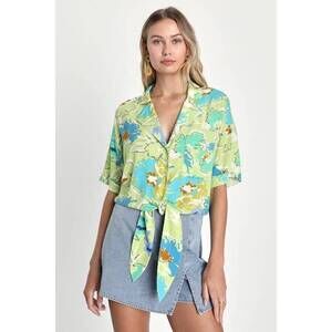 Lulus Energetic Trend Lime Green Floral Print Tie-front Top - Size S